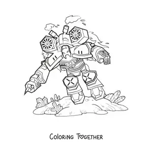 Coloring page of a war robot flying