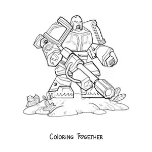 Coloring page of a combat robot in battle