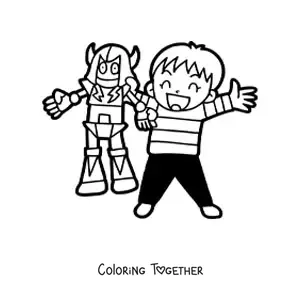 Coloring page of a boy with a toy robot