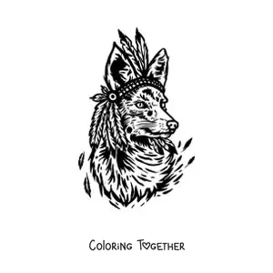 Coloring page of a wild fox wearing a feather headdress