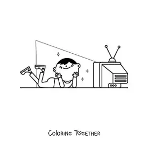 Coloring page of a boy watching television