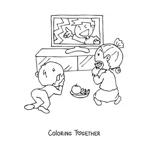 Coloring page of a mother and her son watching television