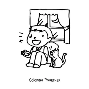 Coloring page of a boy watching television sitting on the couch