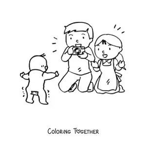 Coloring page of two parents taking a photo of their baby
