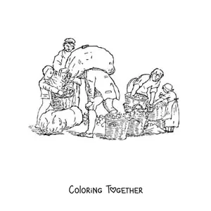 Coloring page of farmers harvesting apples with baskets and sacks