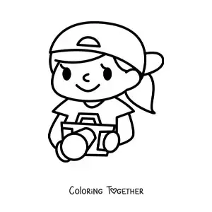 Coloring page of a kawaii girl with a camera
