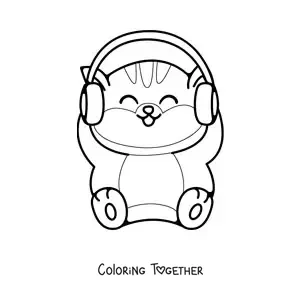 Coloring page of a cartoon kawaii cat with headphones on its head