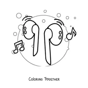 Coloring page of wireless headphones with musical notes
