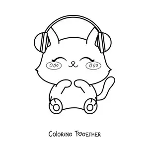 Coloring page of a kawaii cat listening to music