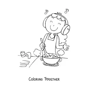 Coloring page of a woman cooking while listening to music