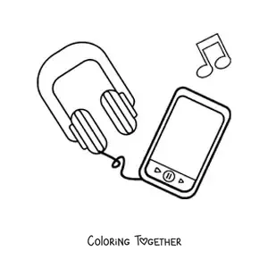Coloring page of a smartphone with headphones and musical notes