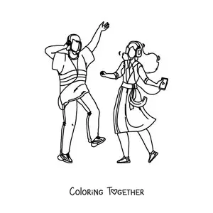 Coloring page of a couple dancing with headphones