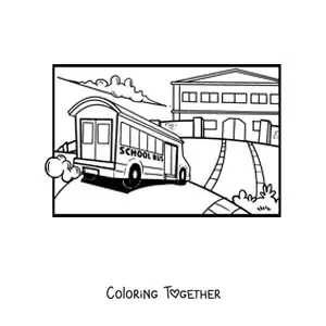 Coloring page of a school bus arriving at school