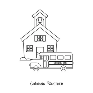 Coloring page of a school bus at the school