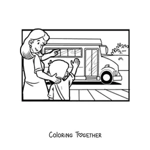 Coloring page of a boy taking the school bus