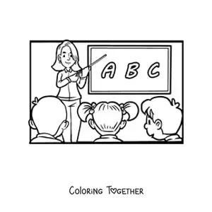 Coloring page of a teacher and the elementary students in the classroom