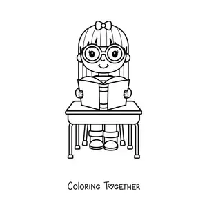 Coloring page of a kawaii girl reading a book at a desk