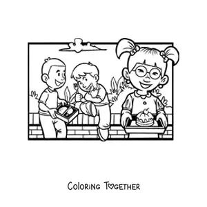 Coloring page of children having lunch at recess
