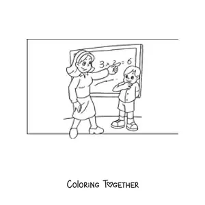 Coloring page of a teacher and a child in math class