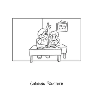 Coloring page of a student raising a hand in the elementary classroom