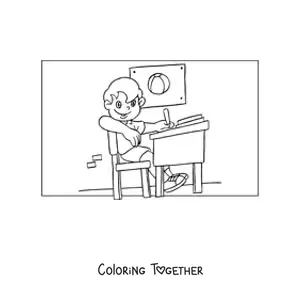 Coloring page of a boy doing homework in the classroom