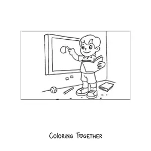 Coloring page of a boy writing on the chalkboard