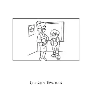 Coloring page of a teacher and a student in the elementary classroom