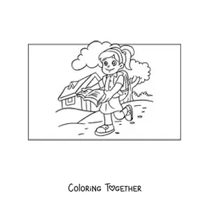 Coloring page of a girl with a book to do her homework