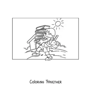 Coloring page of a boy carrying books to do his homework