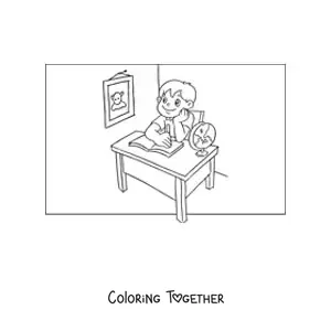 Coloring page of a boy sitting at a desk doing homework