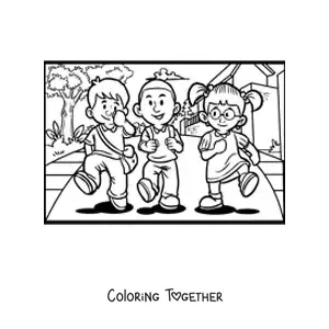 Coloring page of three children walking to school