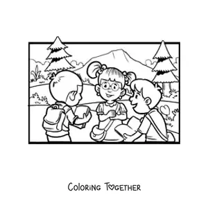 Coloring page of three children in the schoolyard