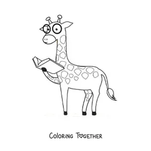 Coloring page of a cartoon giraffe wearing glasses and reading a book