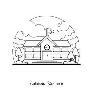 Coloring page of a school with a landscape