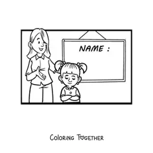 Coloring page of a teacher and a girl student next to a chalkboard