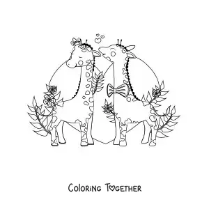 Coloring page of a romantic pair of cartoon giraffes with a heart in the background