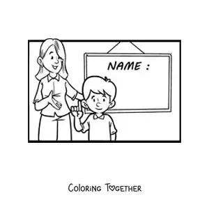 Coloring page of a teacher and a boy student next to a chalkboard