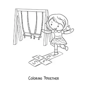 Coloring page of a kawaii girl playing hopscotch in the park