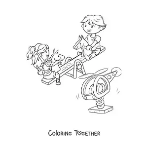 Coloring page of two kids playing on the park seesaw