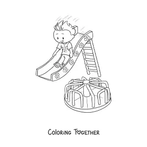 Coloring page of a boy sliding down the park slide