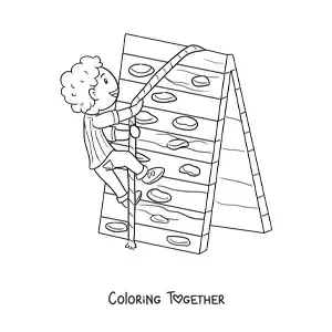 Coloring page of a boy climbing a climbing wall