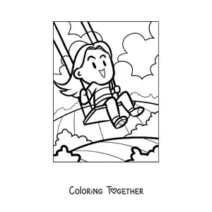 Coloring page of a girl playing on a swing