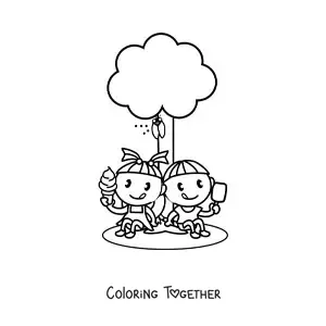 Coloring page of two kawaii kids eating ice cream in a park