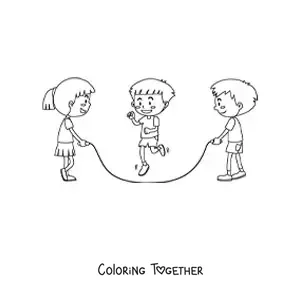 Coloring page of three kids jumping rope