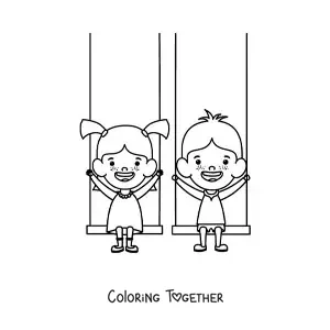 Coloring page of two kids on swings