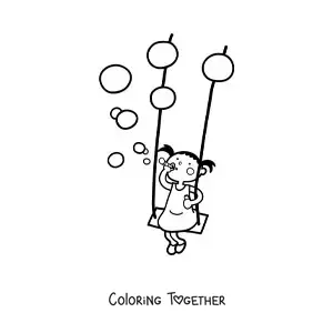 Coloring page of a girl blowing bubbles on a swing