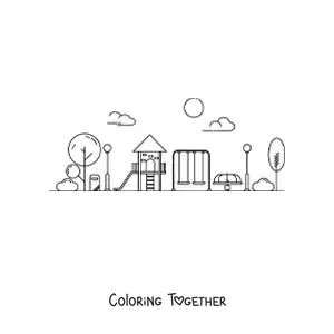 Coloring page of a playground with trees