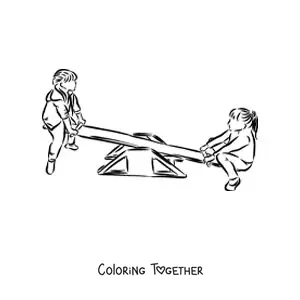 Coloring page of two kids playing on the seesaw