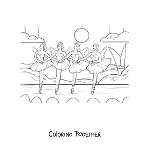 Coloring page of a group of ballerinas on stage