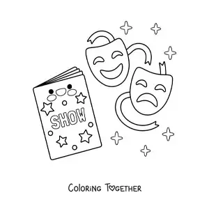 Coloring page of two theater masks